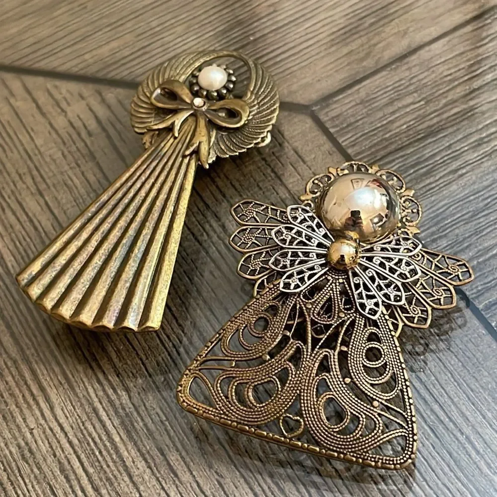 Vintage Brass Multi Metal Angel Brooch Set
